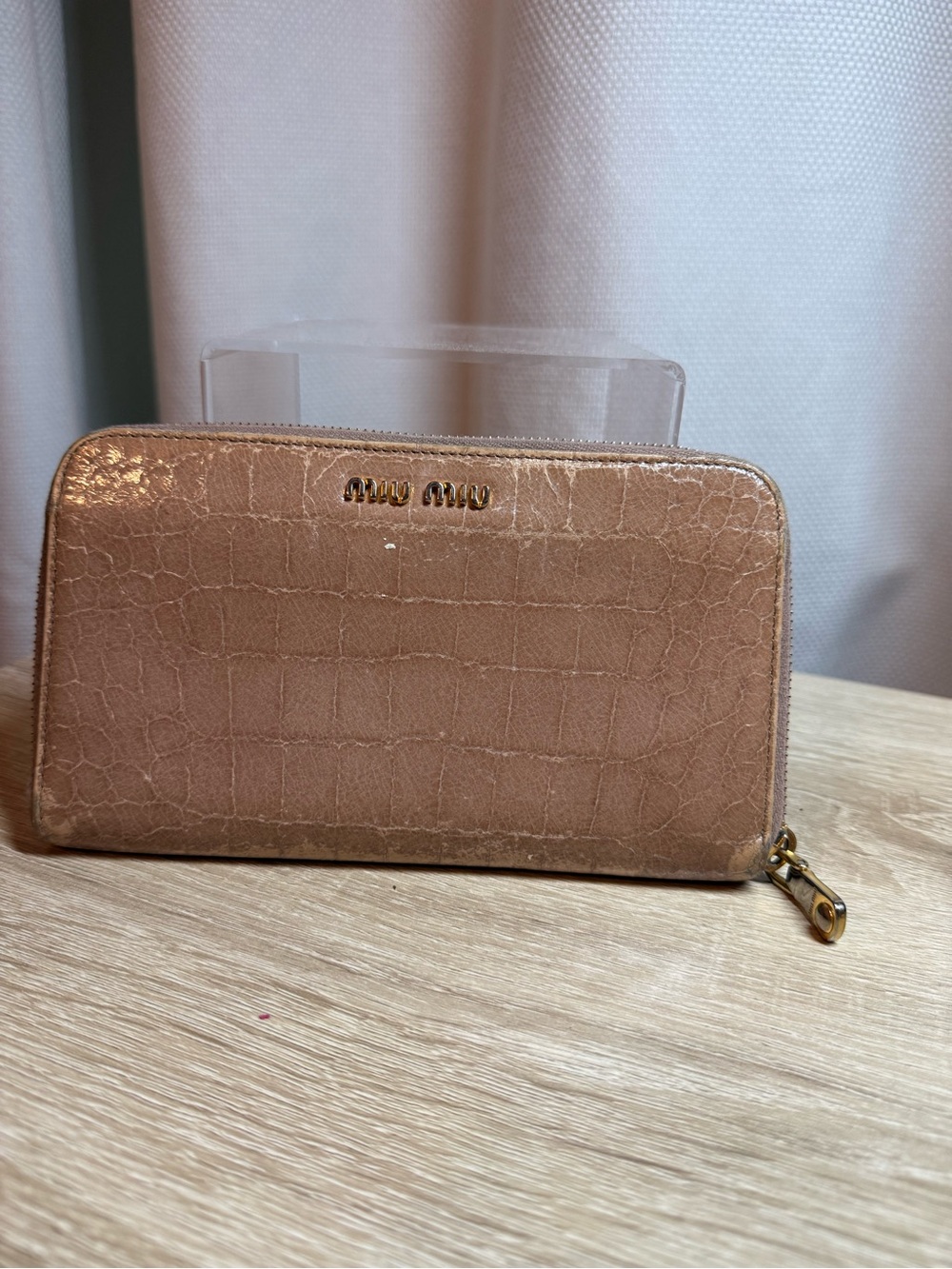 Miu Miu Croc-Embossed Zip Wallet in Nude Pink with Gold Hardware